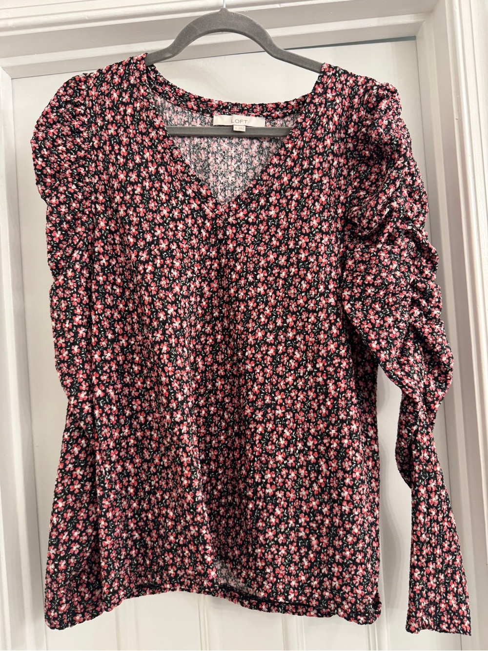 LOFT Black Knit Top with Pink & White Floral Detail